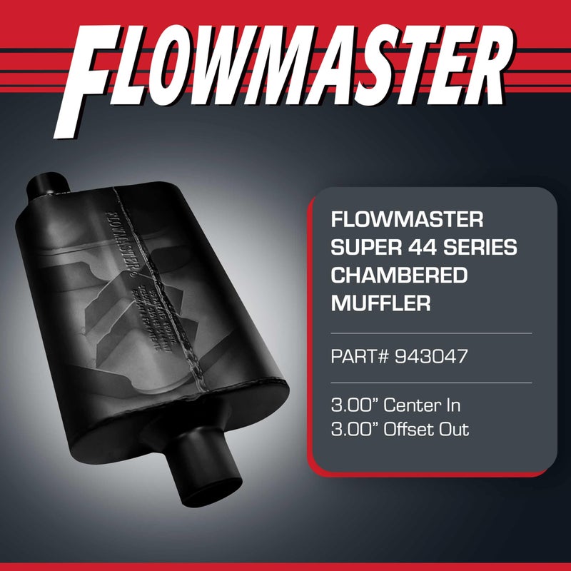 Flowmaster Super 44 Series Chambered Muffler â€“ 3.00â€ - Center In/Offset Out â€“ Aggressive Sound â€“ 16 Gauge Aluminized Steel â€“ For Classic & Late Muscle Cars, Street Rods, Trucks, SUVs (943047) - Image 2